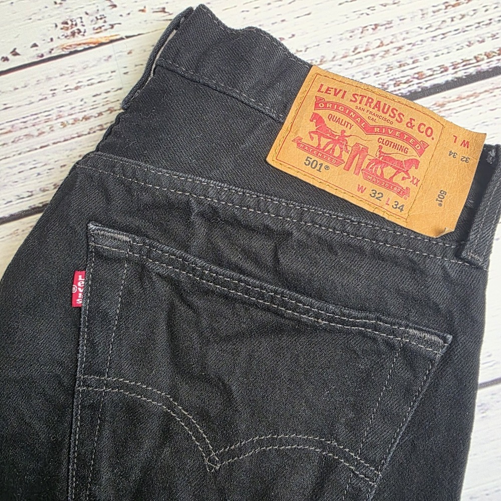 Levis 501 Jeans Mens 32x34 Black‎ Original Fit Straight Button Fly Denim Cut Hem